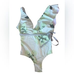 Womens One Piece Swimsuit Medium Wrap Tie Floral Green White Ruffle NWT